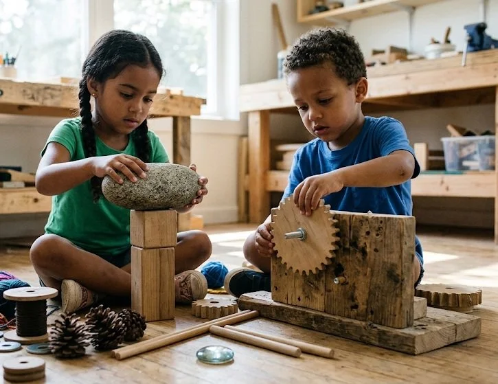 2 kids exploring loose parts in a makerspace