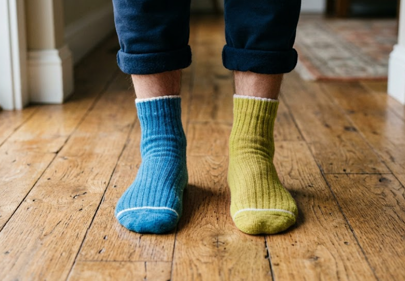 Man wearing mismatched blue and green socks, standing on wood floor.