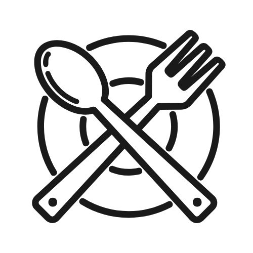 Ícono de plato, cuchara y tenedor con línea de prohibido.