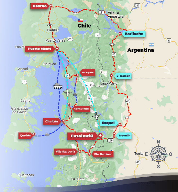 Mapa que muestra una ruta turística por Chile y Argentina, incluyendo destinos como Osorno, Puerto Montt, Chaitén, Quellón, Villa Sta. Lucia, Futaleufú, Pto. Ramírez, Esquel, Trevelin, El Bolsón y Bariloche.