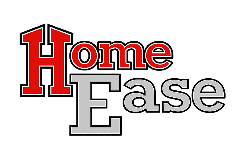 Graphic with the words "Home” in large red letters and “Ease” in large gray and white letters, with a black outline.