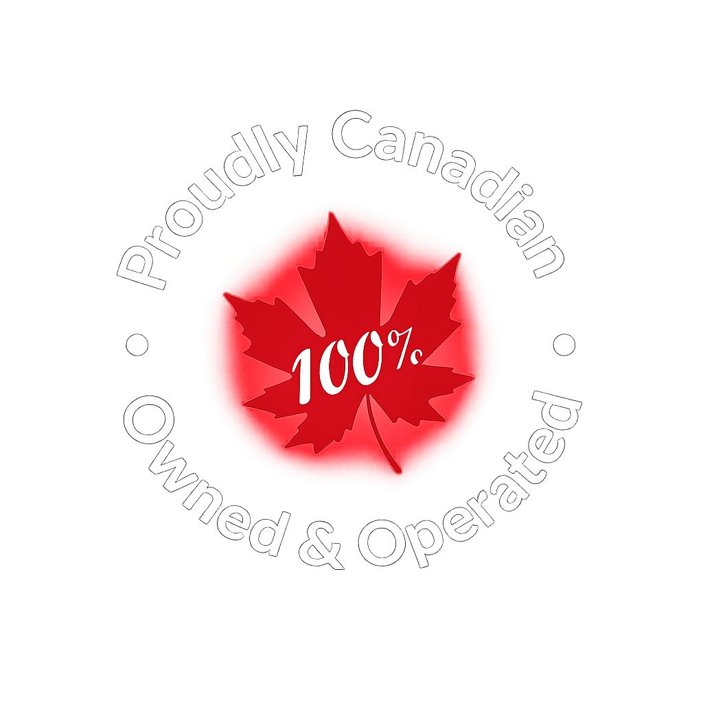 A graphic featuring a red maple leaf with '100%' written inside it. The background has multicolored, streaked lights, and the text around the leaf says 'Proudly Canadian Owned & Operated'.