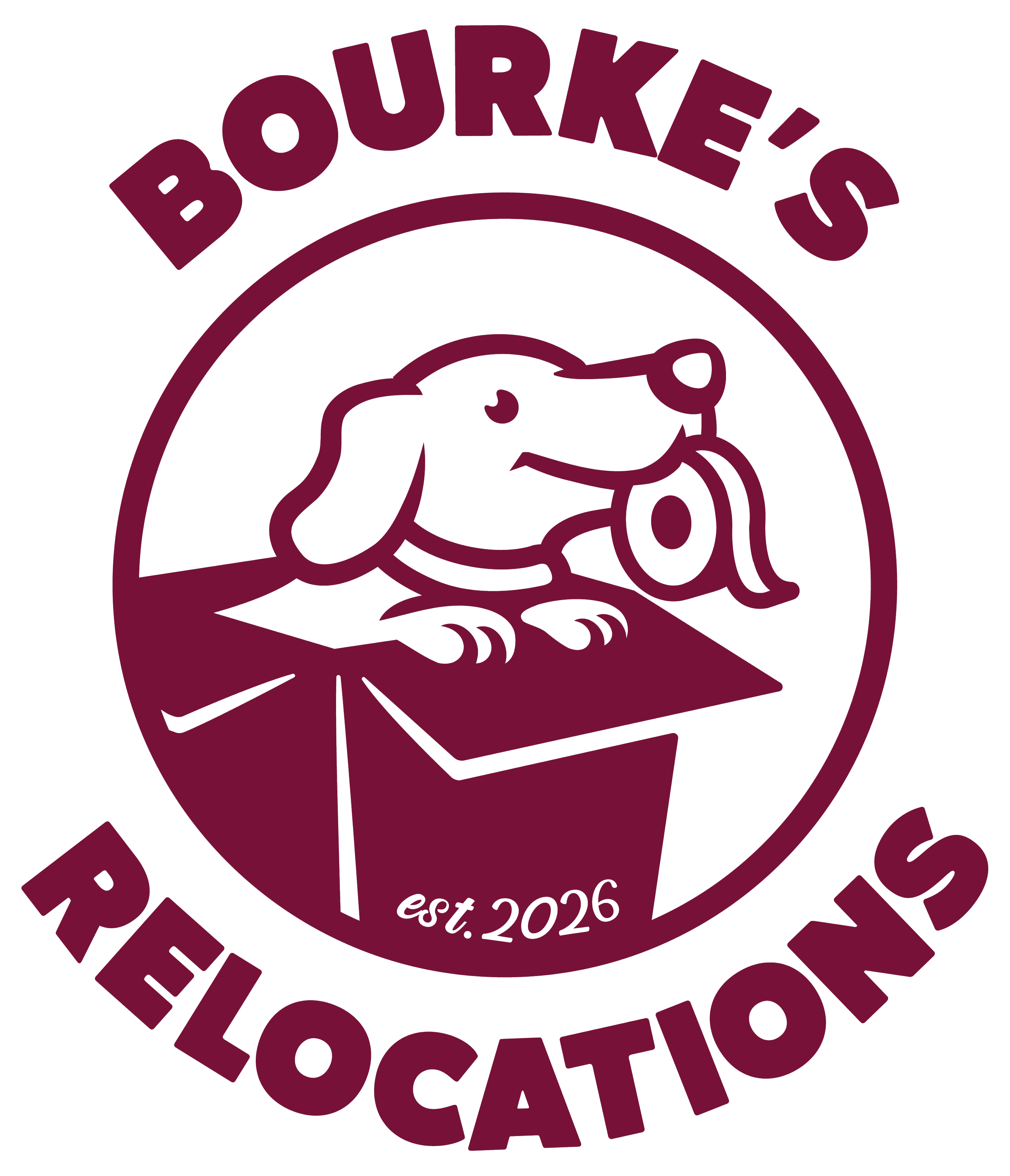 Circular logo with a dog illustration in the center, surrounded by text that reads 'Bourke's Pet & Lodge' at the top and 'est. 2026' at the bottom, all in a maroon color.
