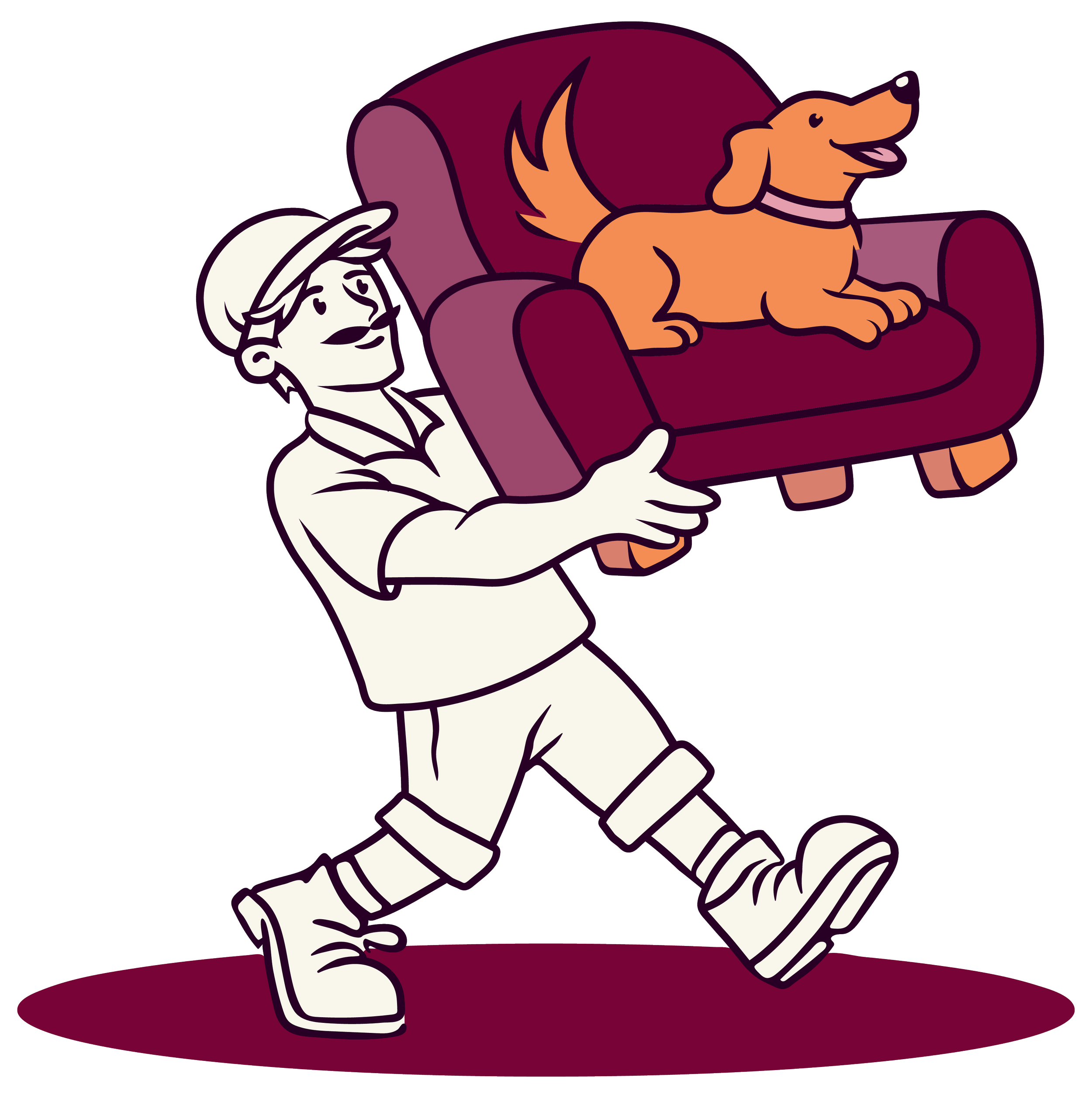 A cartoon illustration of a person with white hair wearing a hat, lifting a large maroon armchair with a happy brown dog sitting on it, all on a reddish-brown carpet.