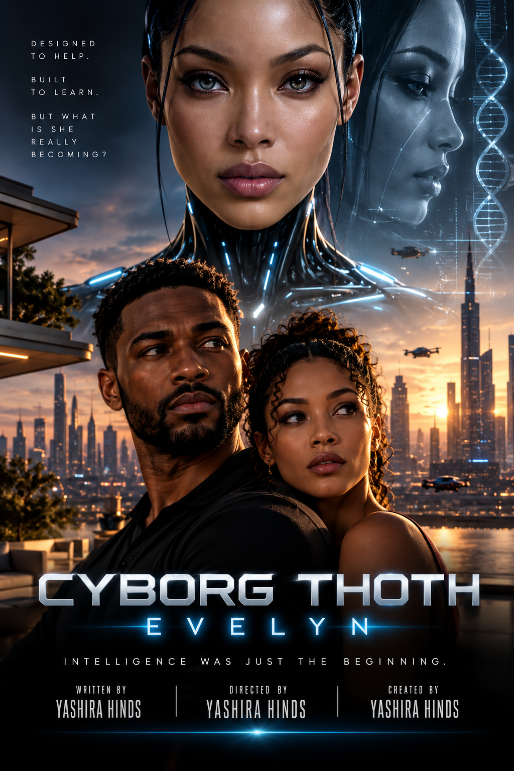 Robot in a futuristic world with a couple looking to the left