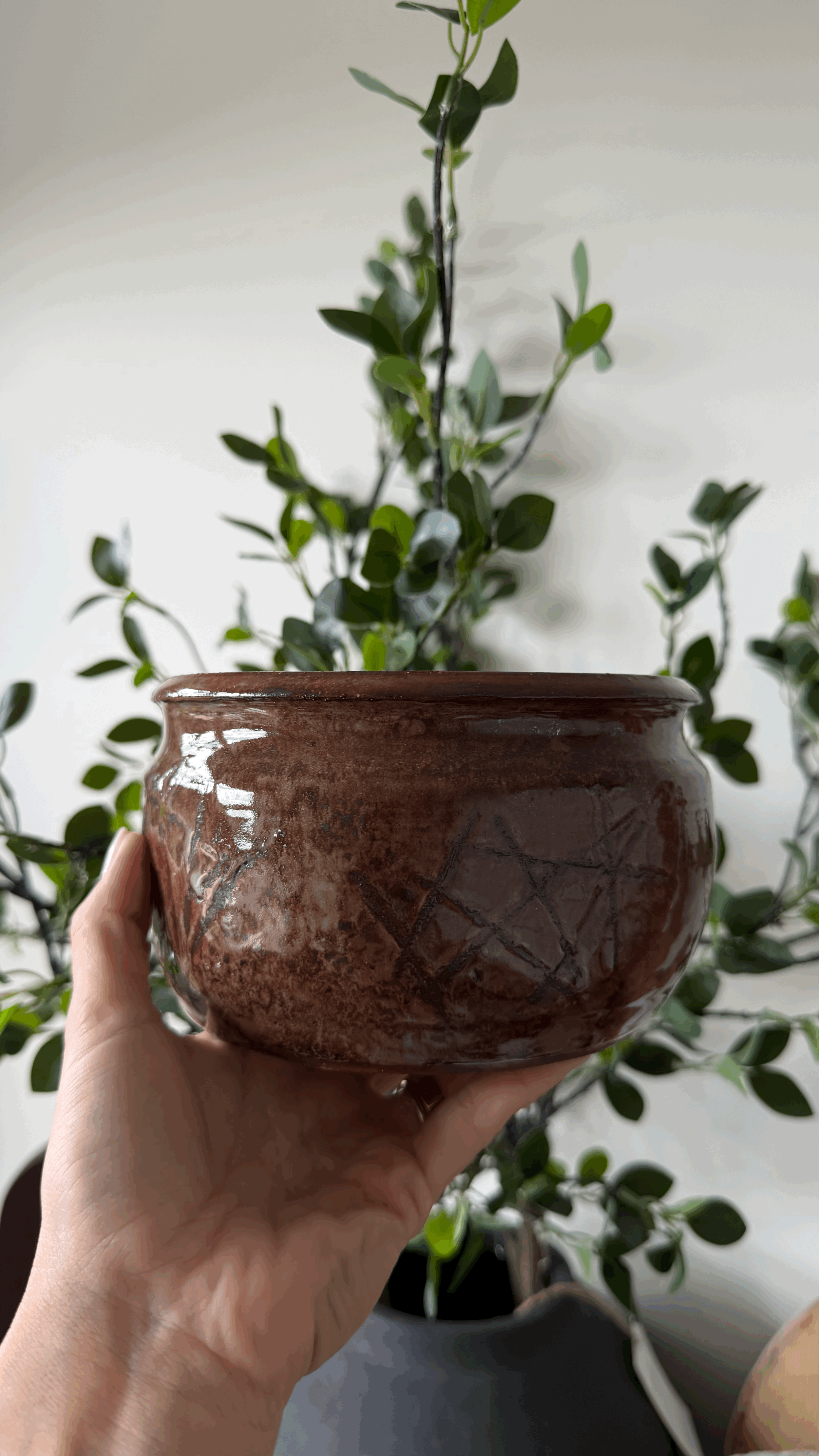 Vintage Brown Glazed Textured Jardinière
