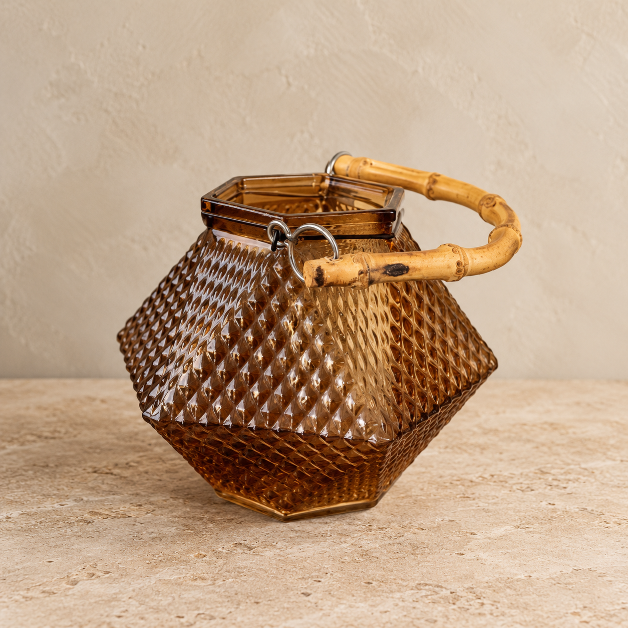 Vintage Amber Glass Lantern with Bamboo Handle