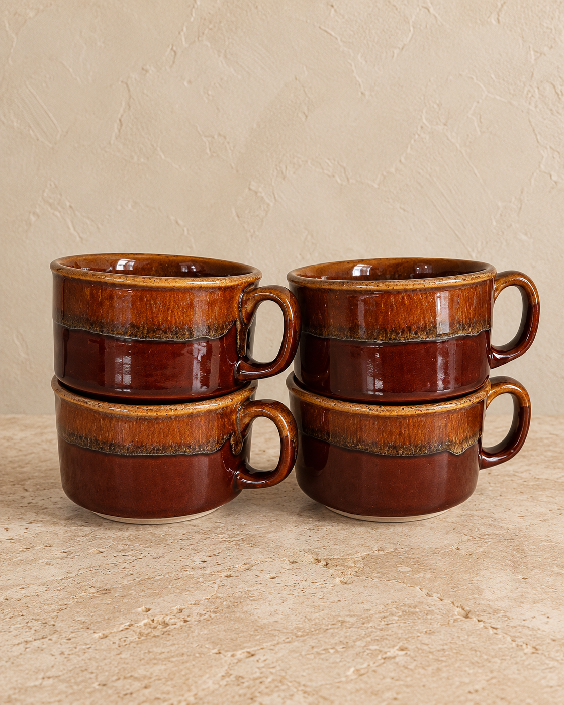 Vintage Brown Glazed Ceramic Mugs | Set of 4