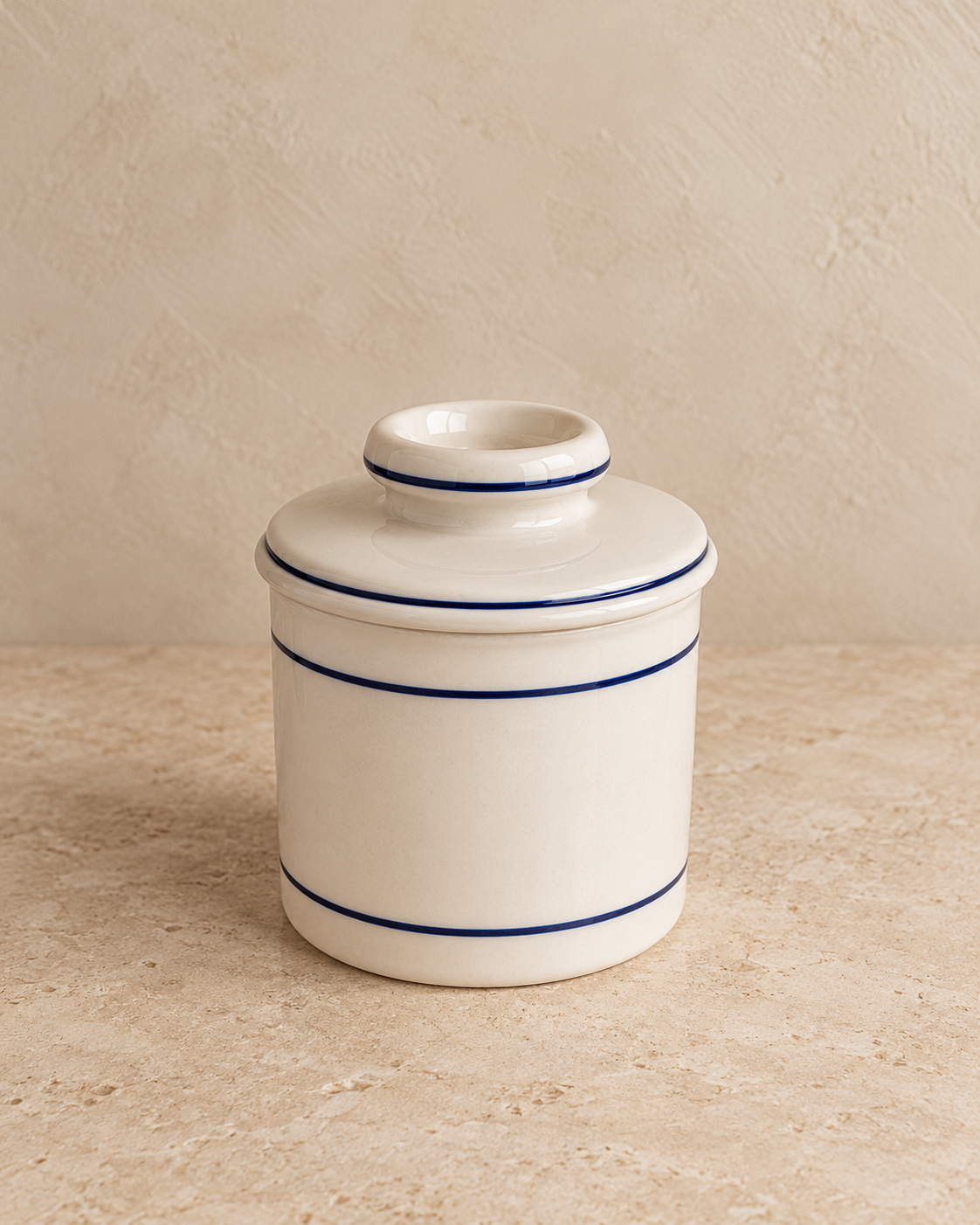 Ivory Ceramic Butter Bell with Navy Blue Stripe | French Butter Keeper