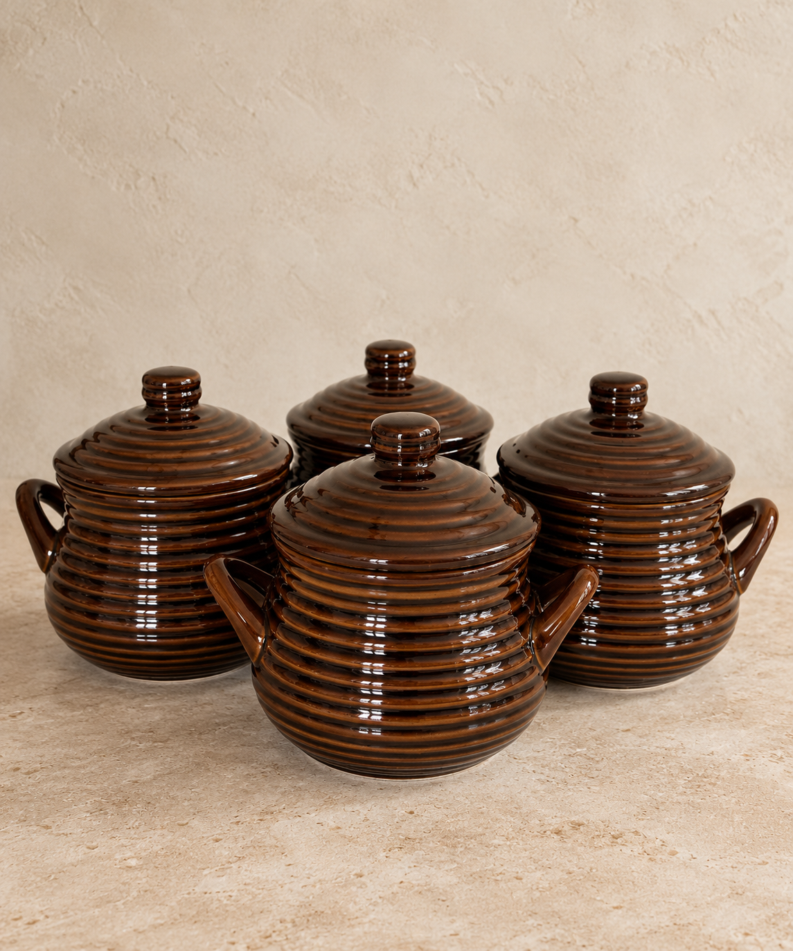 Dark Brown Ribbed Ceramic Canisters with Lids | Set of 4