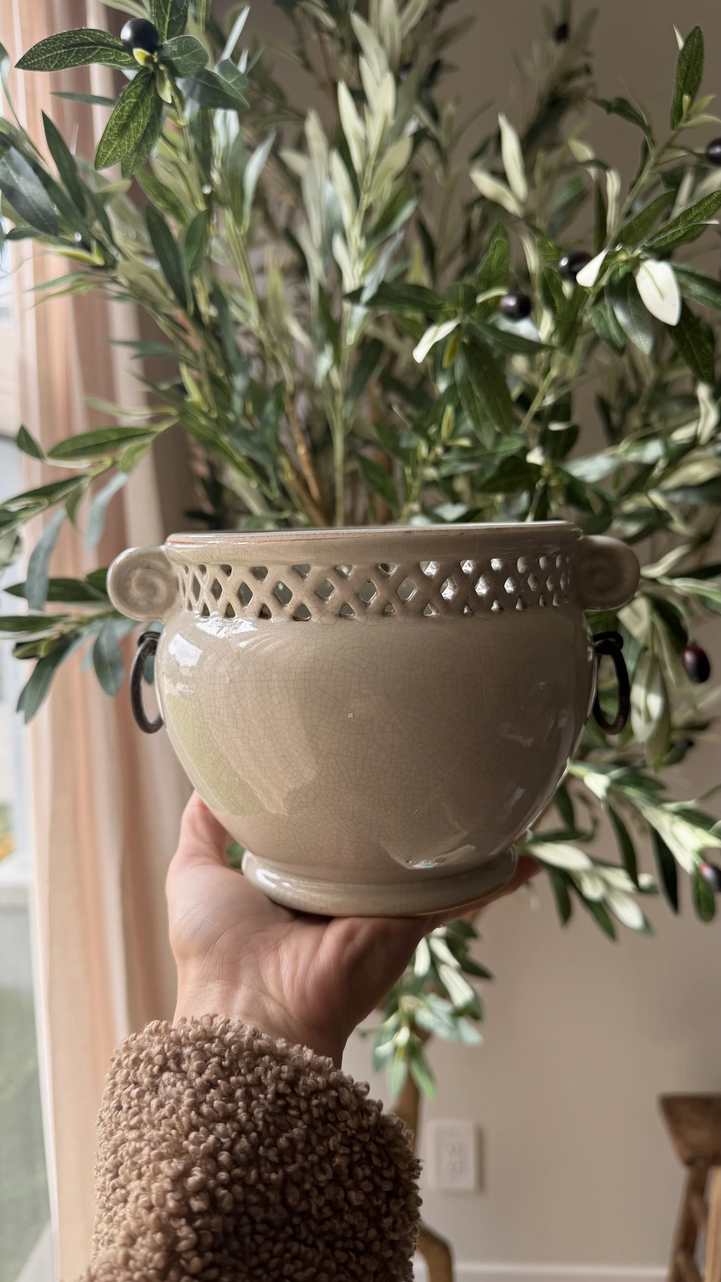 Vintage Ivory Crackle Glaze Jardinière | Pierced Lattice & Handles