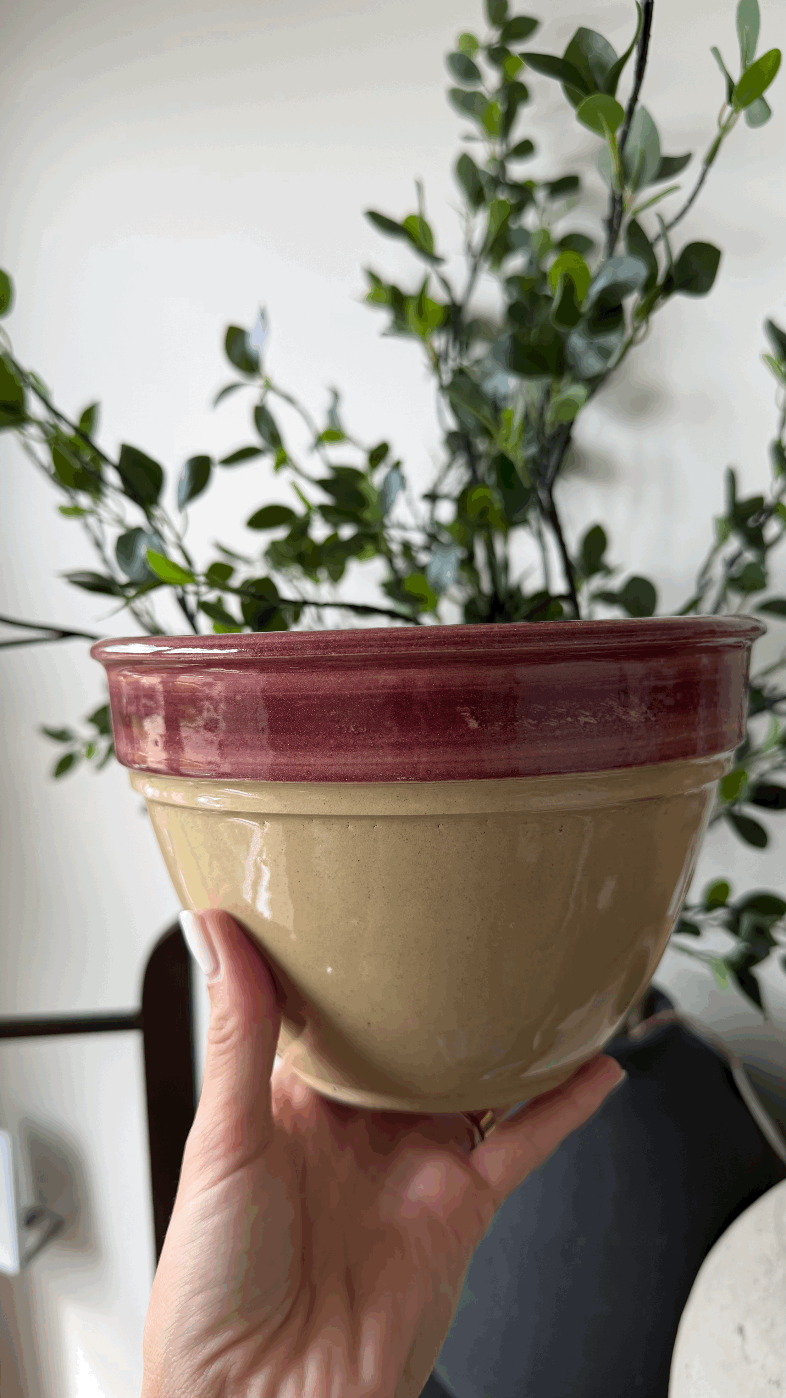 Vintage Two-Tone Glazed Ceramic Bowl | Burgundy & Cream
