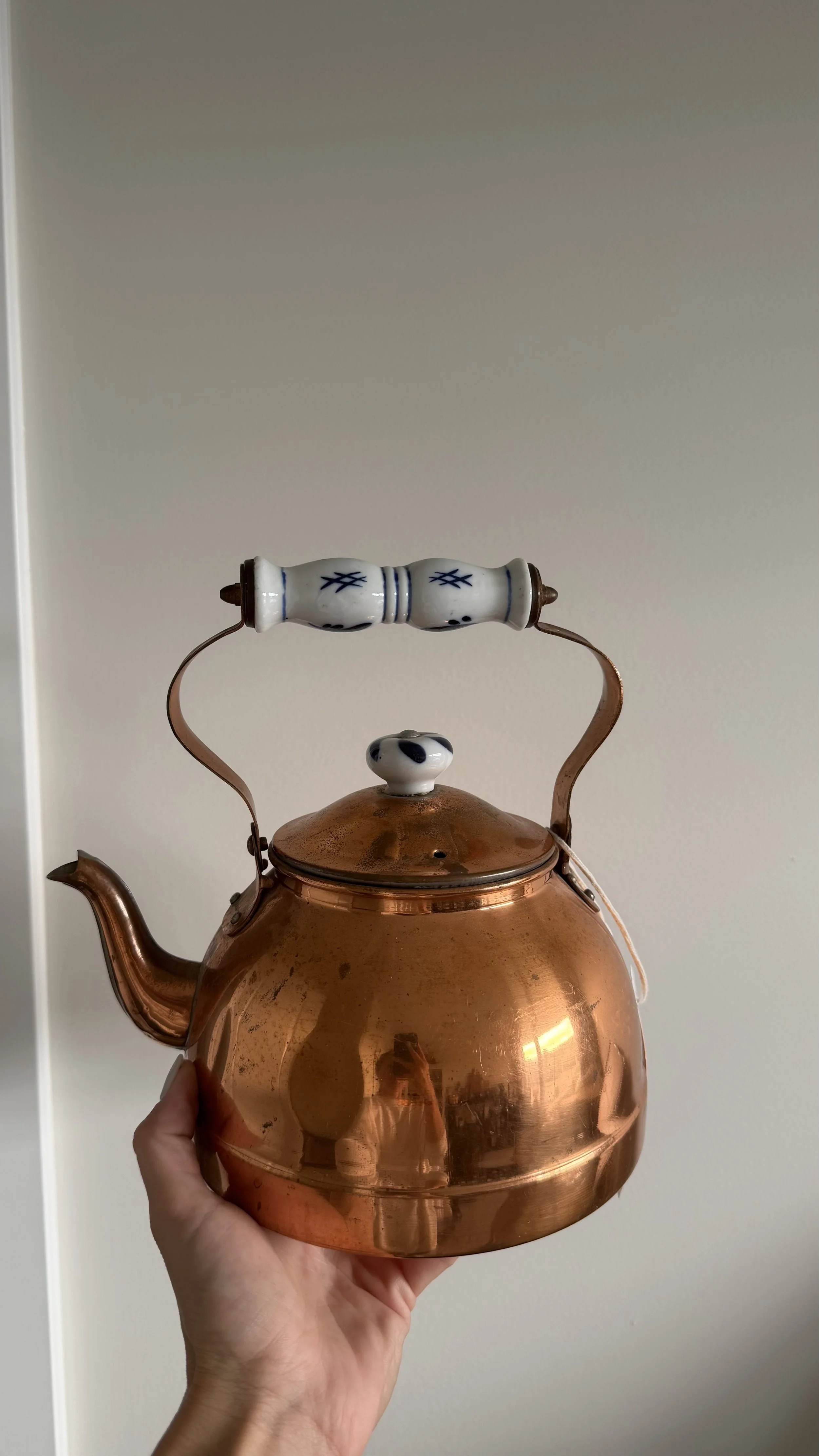 Vintage Copper Kettle with Blue & White Porcelain Handle
