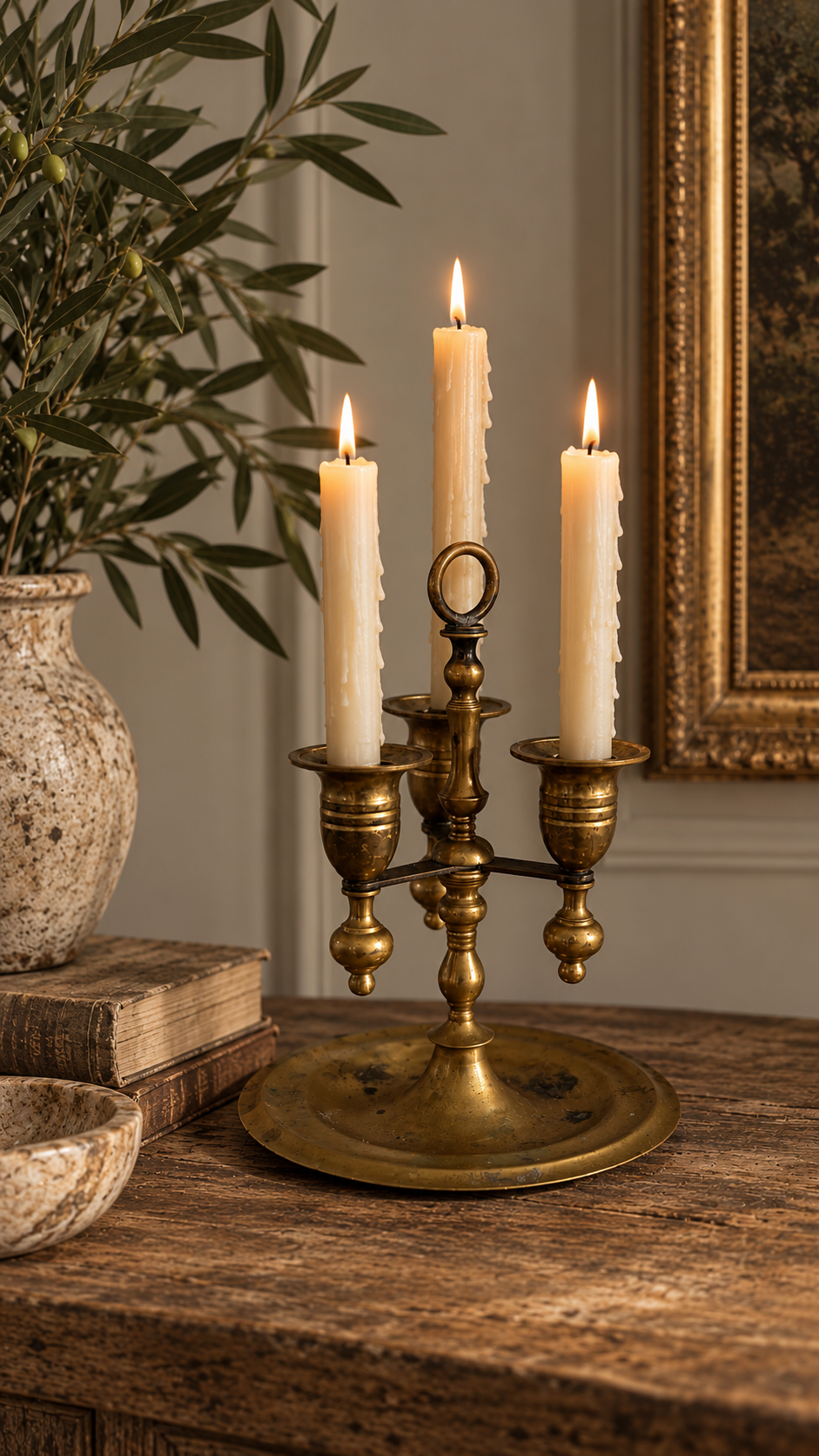 Vintage Brass Three-Light Candelabra | Ring Handle & Aged Patina