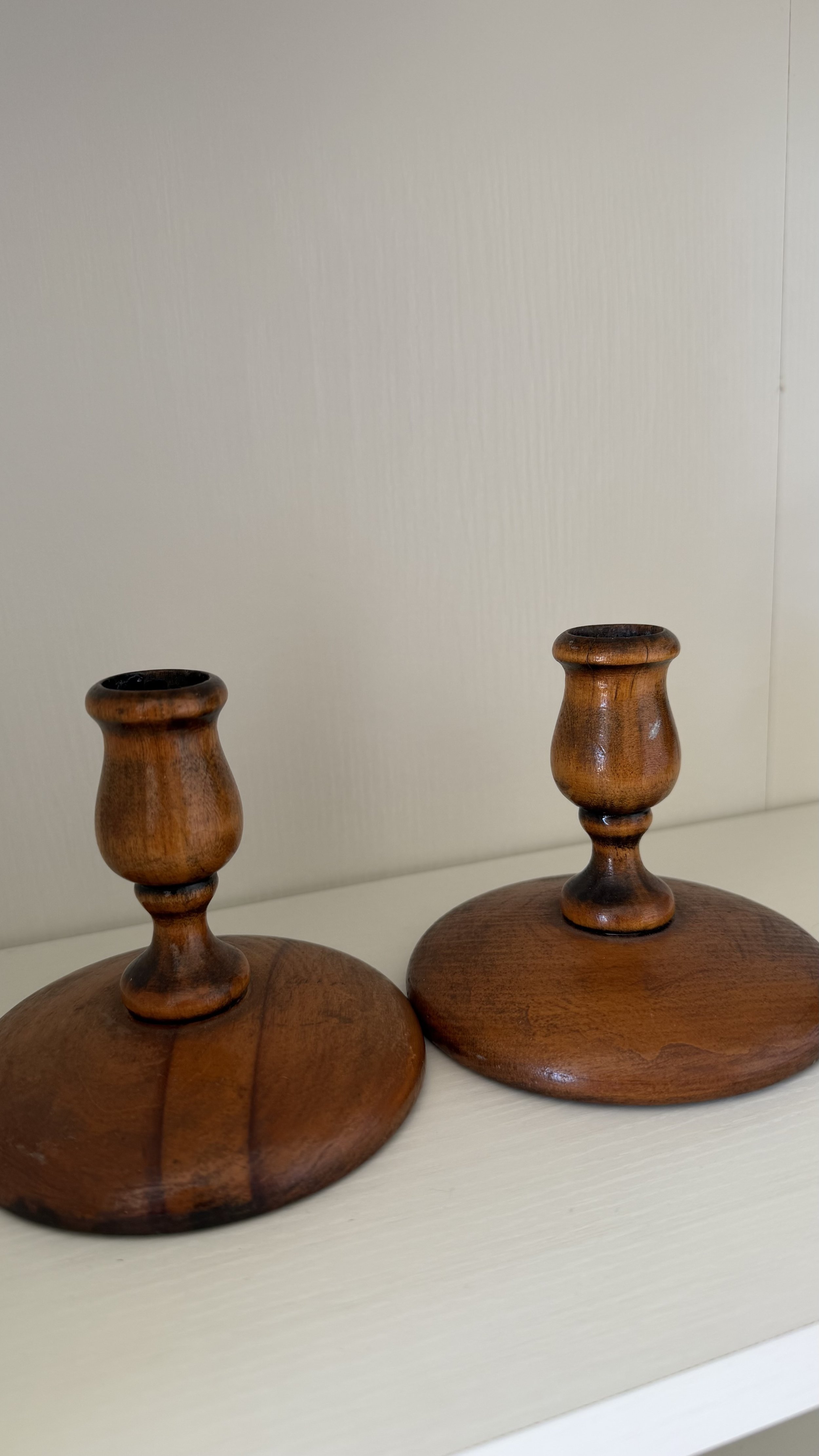 Vintage Turned Wood Candlestick Holders – Pair
