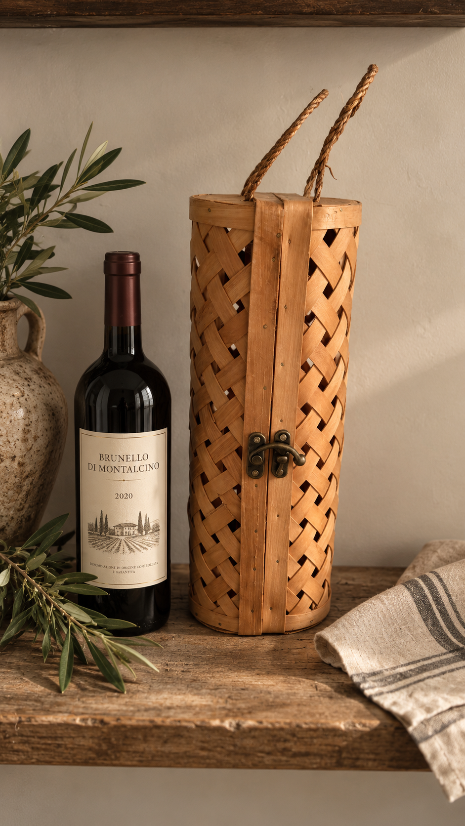 Vintage Woven Wood Bottle Carrier | Rope Handles & Brass Latch