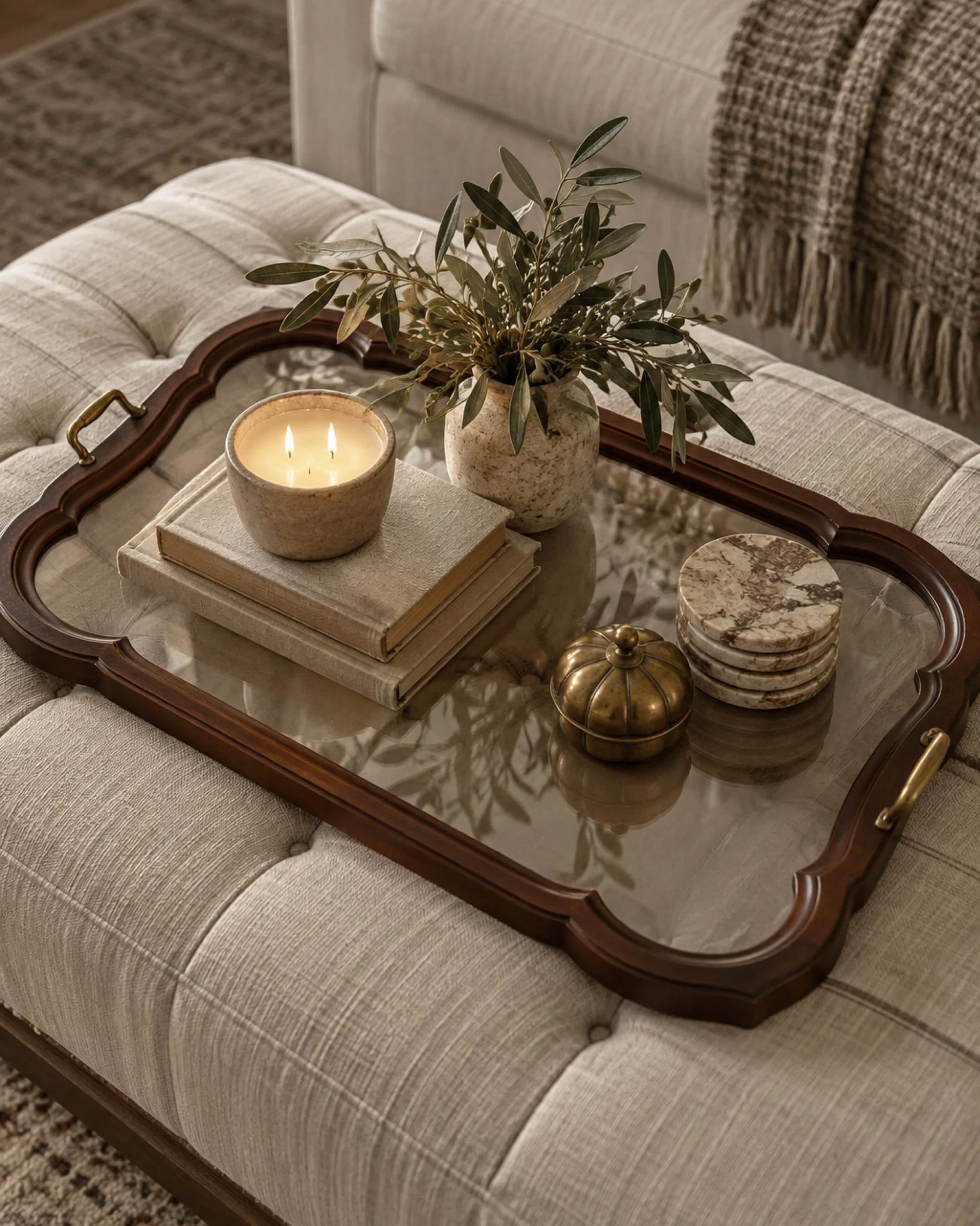 Vintage Scalloped Wood & Glass Serving Tray | Brass Handles