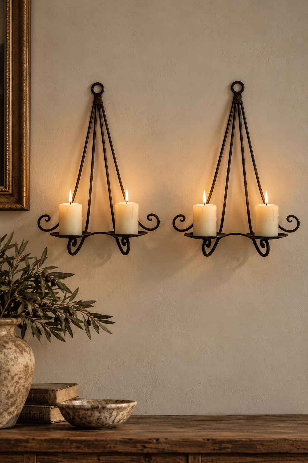 Vintage Wrought Iron Candle Sconces | Pair | Scrollwork Wall Candle Holders