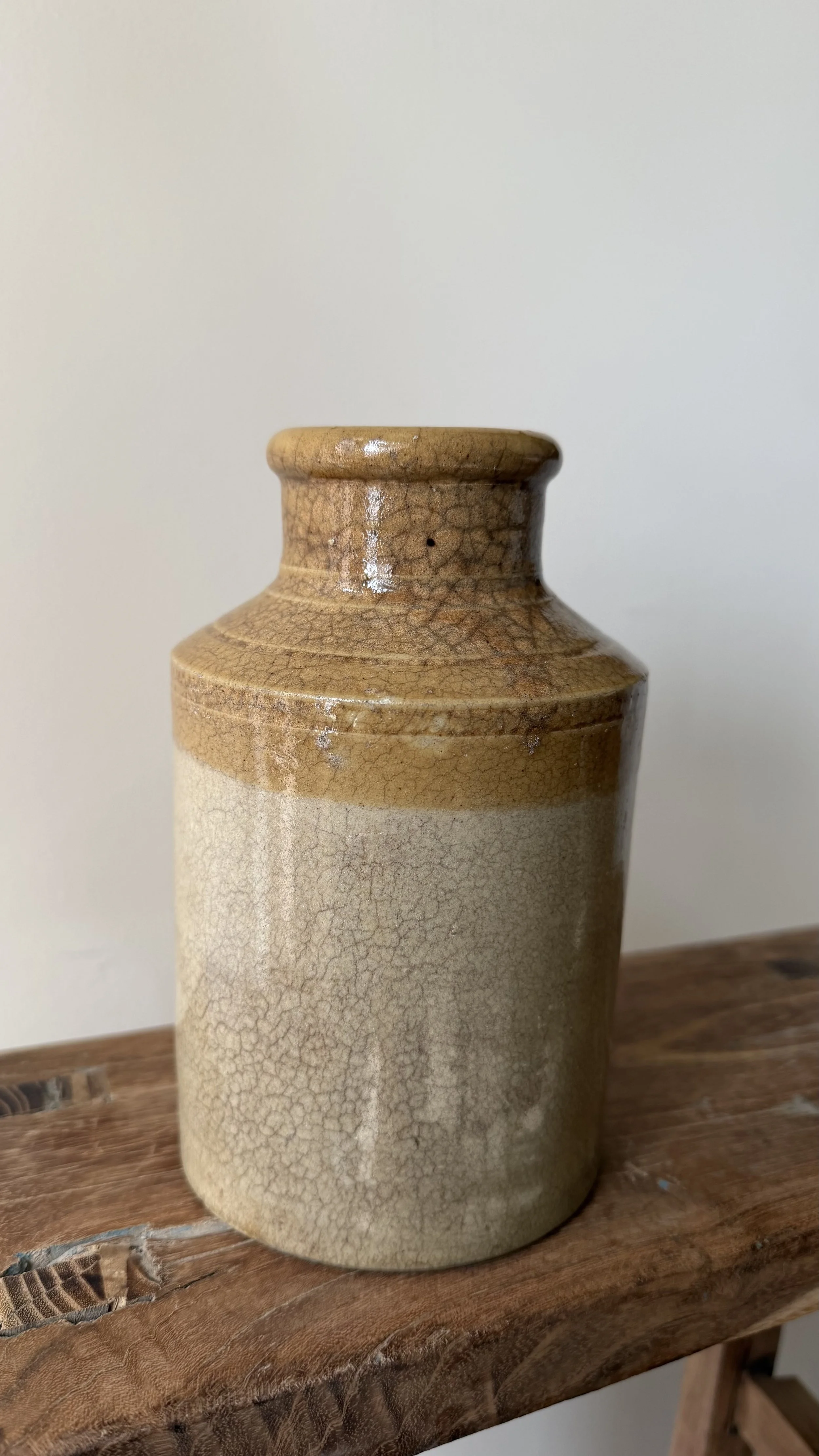 Antique Two-Tone Glazed Mustard Crock | Oatmeal & Caramel