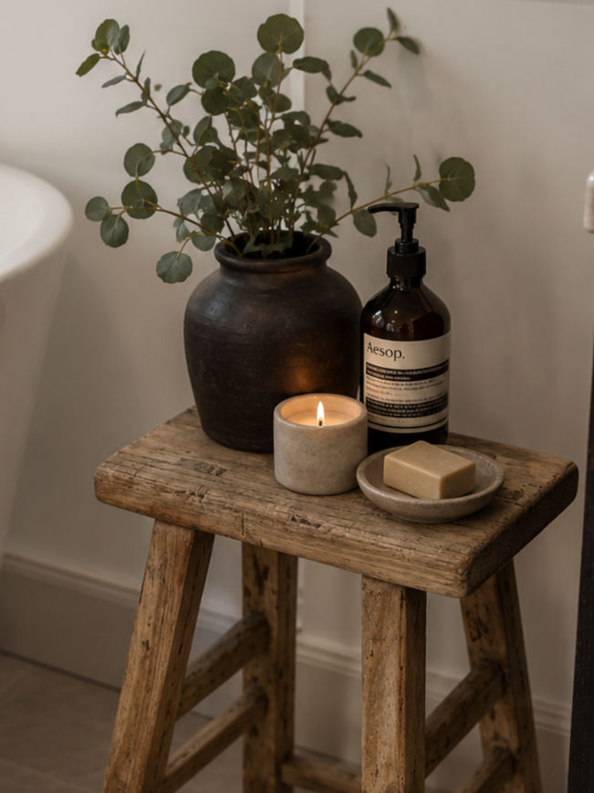 A small wooden stool with a dark ceramic vase containing green leafy plants, a lit candle in a white holder, a brown soap dispenser labeled Aesop, and a beige soap bar on a small plate.
