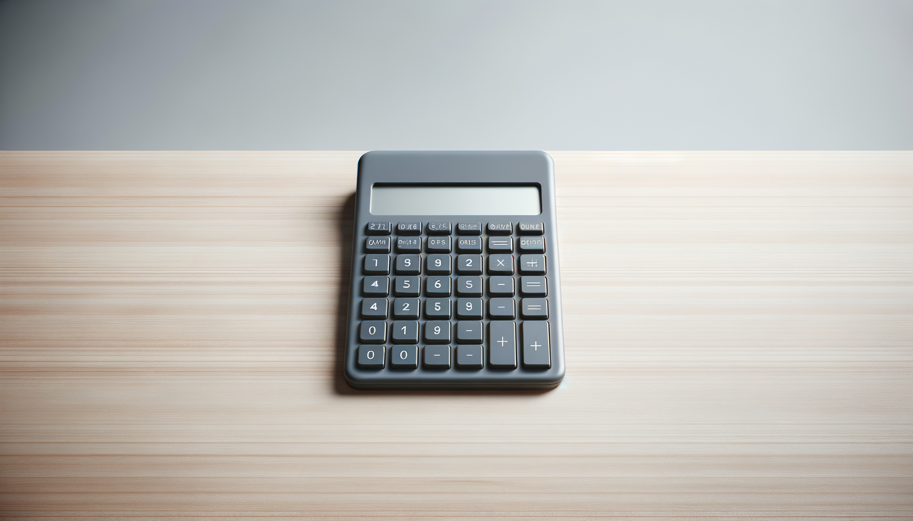 Black calculator placed on a light wooden desk.