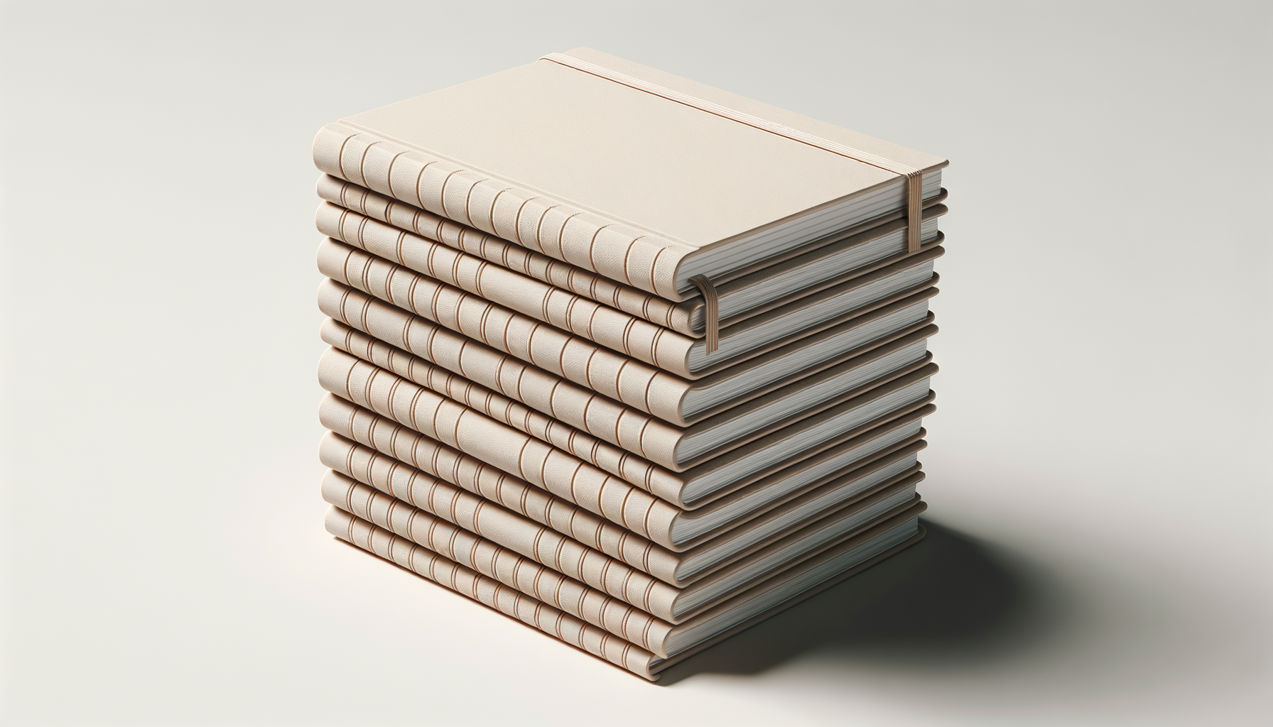 Stack of 12 beige notebooks with elastic closures on a light background.
