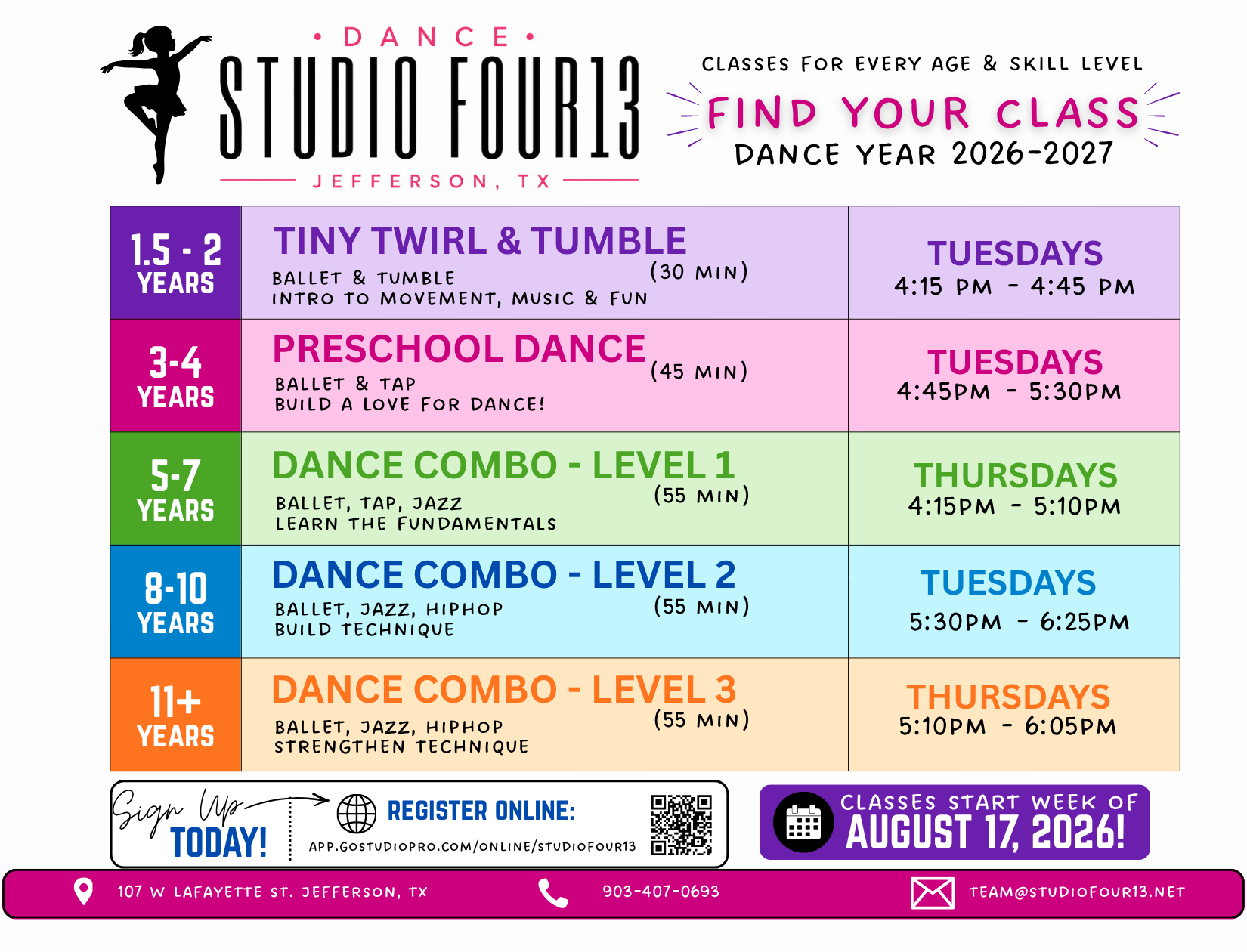 Schedule of dance classes for different age groups at Studio Four3 in Jefferson, TX, with class details, days, times, and registration information.