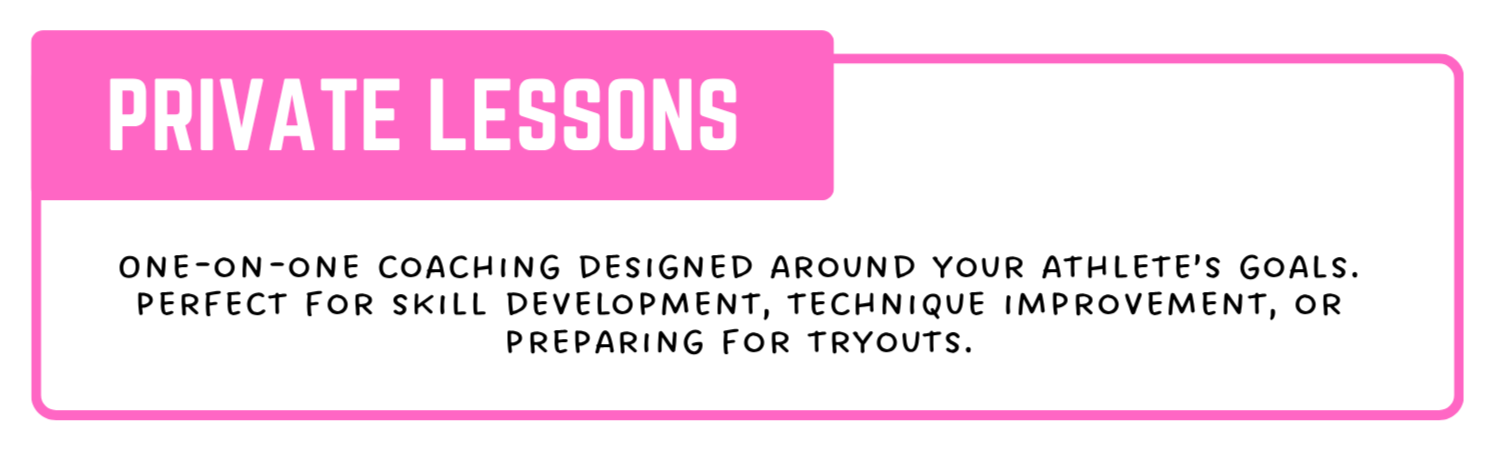 Pink sign with white text advertising private lessons for athletes, emphasizing one-on-one coaching focused on skill development, technique, or preparing for tryouts.