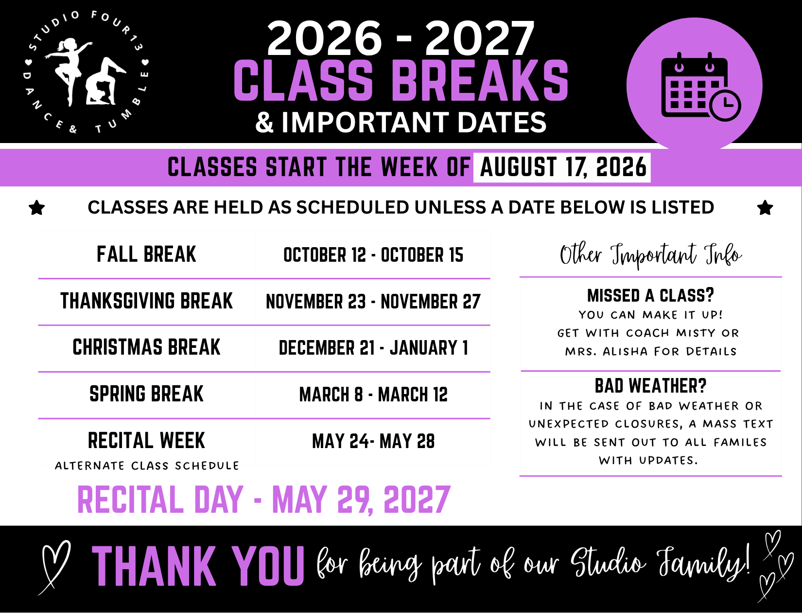 Information poster for dance studio class breaks and important dates for the 2026-2027 school year. It includes class start date, semester breaks, and special events. The poster features the dance studio logo with a silhouette of a dancer and balancing pose, and has a purple and black color scheme. Key dates listed are fall break, Thanksgiving break, Christmas break, spring break, recital week, and graduation day.