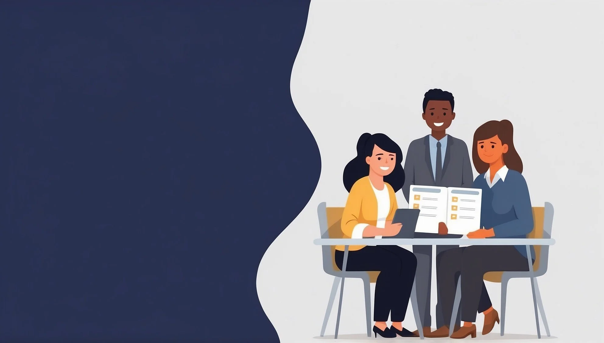 Three diverse people smiling at a meeting table, with one woman holding a tablet, another woman with a paper, and a man standing behind them, all in a modern office setting.