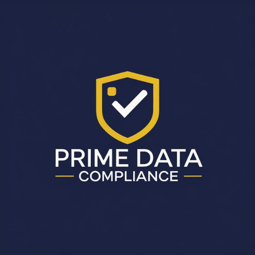 Prime Data Compliance logo with shield and check mark on a dark blue background.