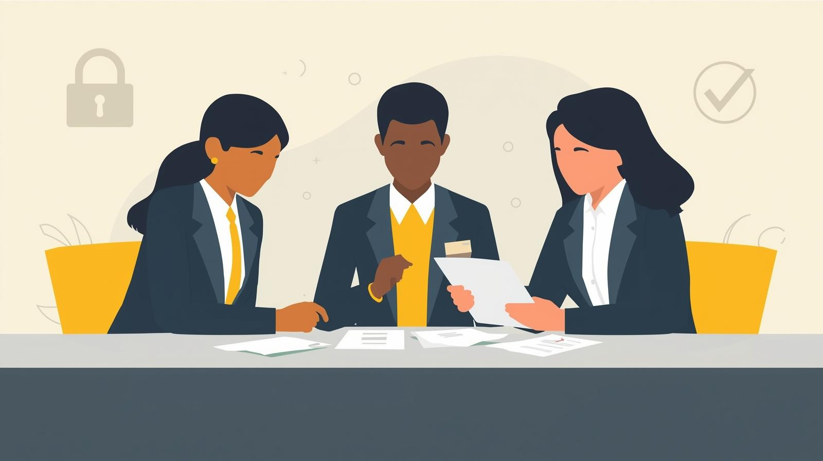 Three diverse business people in formal suits sitting at a desk, reviewing documents during a meeting.