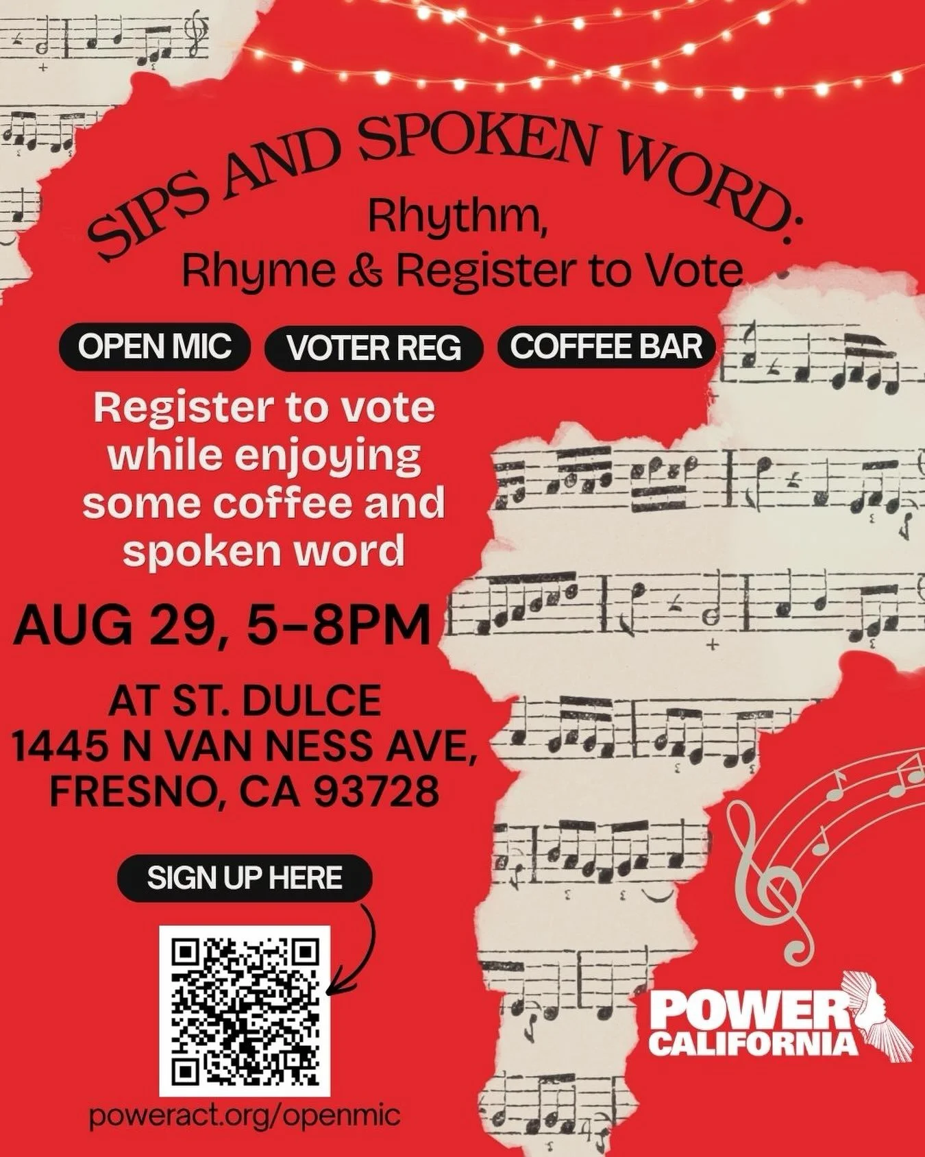 Sips &amp; Spoken Word: Rhythm, Rhyme &amp; Register to Vote

We&rsquo;re excited to welcome Power California to St. Dulce for an evening of community, spoken word, and civic engagement.

Come through, bring a friend, and get connected. 

Saturday, A