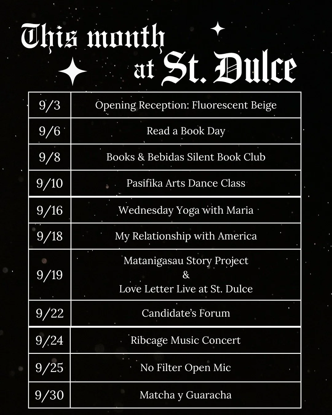 Lots to do and see this month at St. Dulce! Come by and vibe out at any of these cool events this month!
See you here!

Interested in hosting an event or gathering at the space? Click the link in our bio to inquire about it! ✨