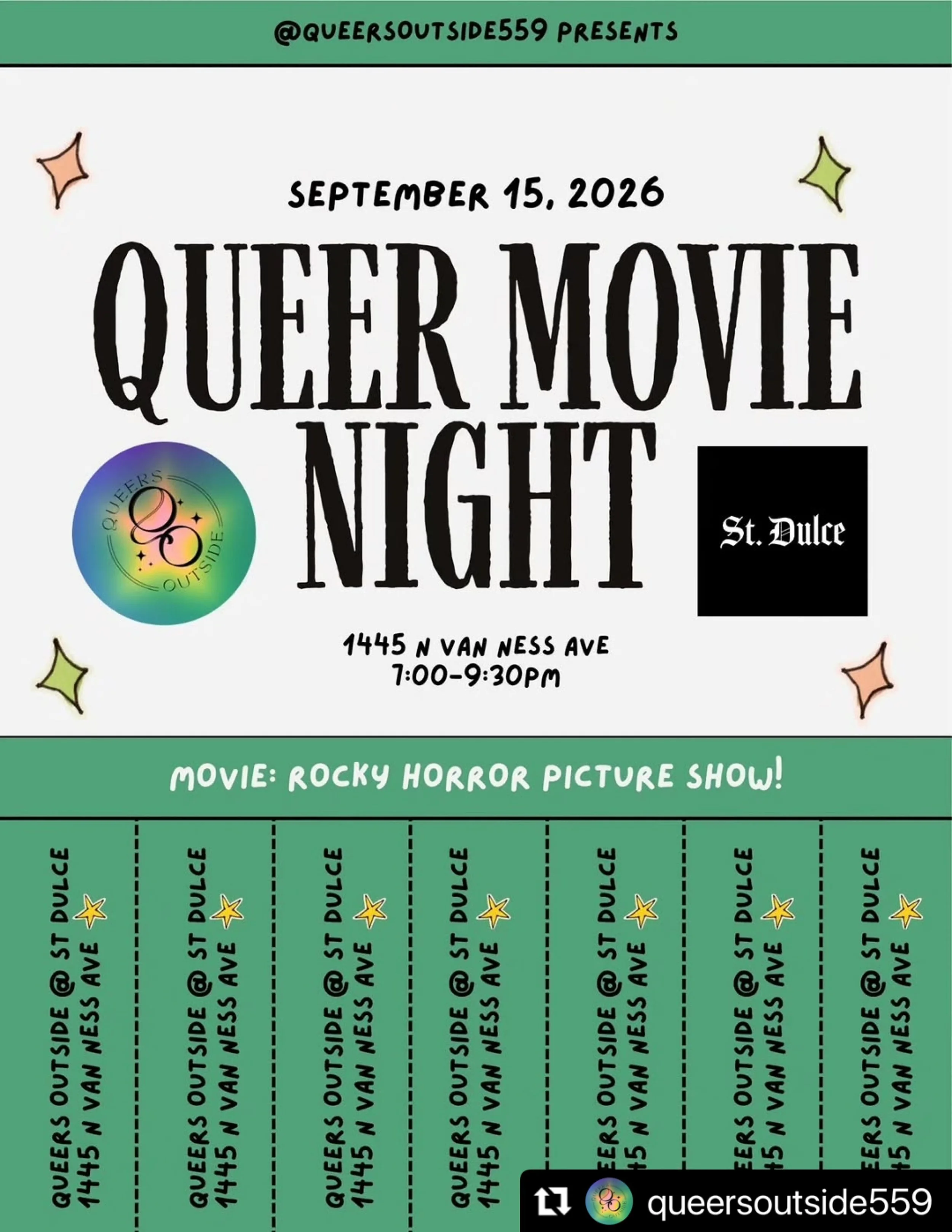 #Repost @queersoutside559 
Join us for our next FREE queer movie night on September 15 at 7pm! By popular vote, we will be screening Rocky Horror Picture Show at St. Dulce! Please RSVP through the link in Queers Outside bio ✍🏽

 📅 Date: Tuesday, Se