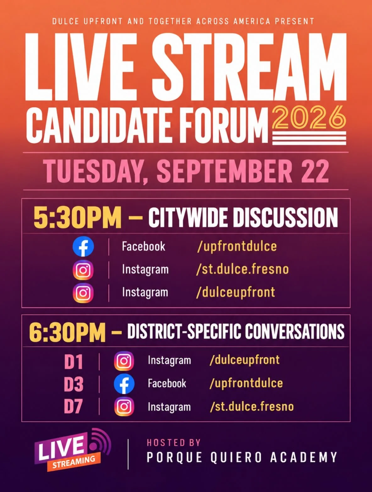 Can&rsquo;t make it in person&hellip; find us live on FB &amp; IG. 

Sidenote: Rob Fuentes was invited. Unfortunately he was unavailable to participate. 

#fresnocitycouncil #fresnoelection2026