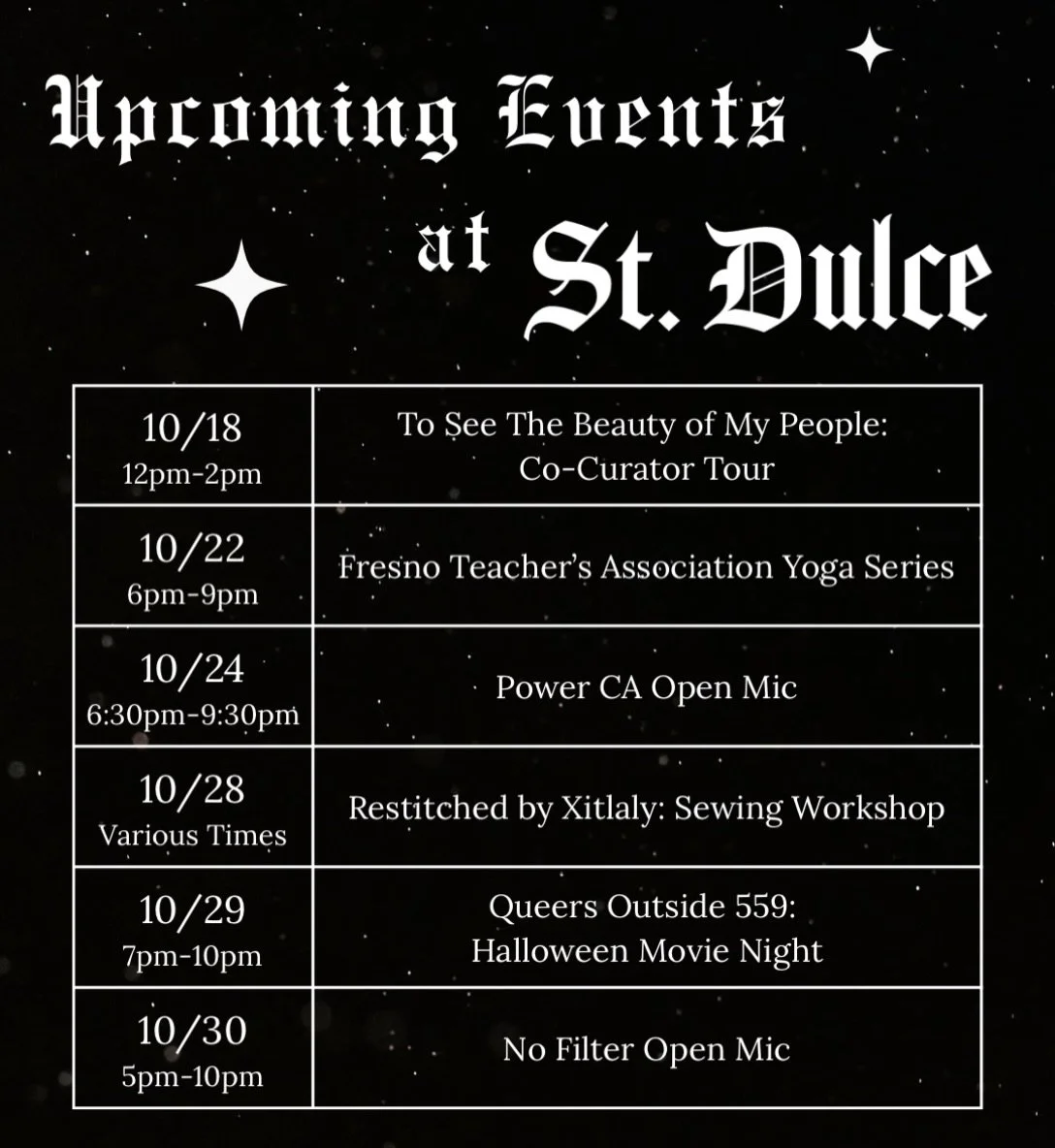 Only a couple weeks left in the month and we&rsquo;ve still got plenty of events for you to enjoy! 

Come through and join the fun!

See you soon! 🍂👻🎃

If you&rsquo;d like to inquire about reserving the space for your next gathering, visit the lin