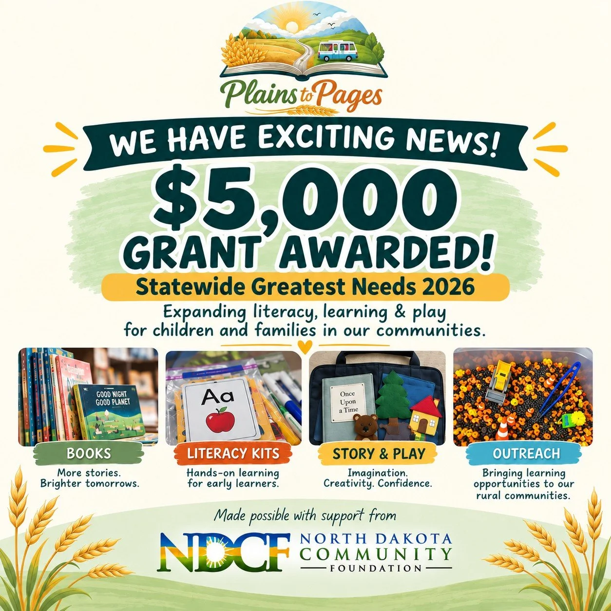 🎉 We have some very exciting news to share!

Plains to Pages has been awarded a $5,000 Statewide Greatest Needs 2026 grant through the North Dakota Community Foundation! 💛📚

This funding will help us continue building something we care deeply abou