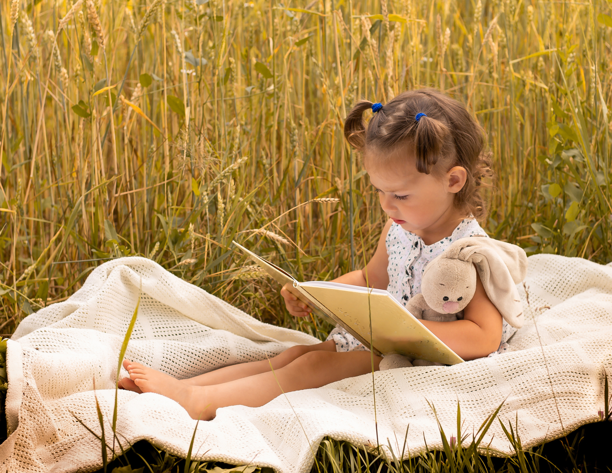 A young girl with curly hair in pigtails, sitting on a white blanket in a wheat field, reading a book, holding a plush bunny.