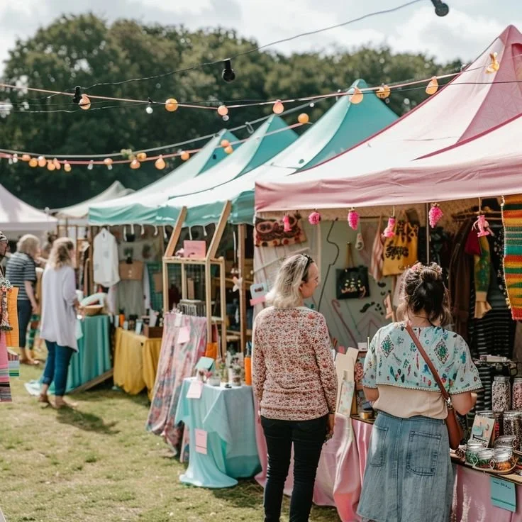 People shopping at outdoor market with colorful tents, string lights, and displayed crafts and clothing.