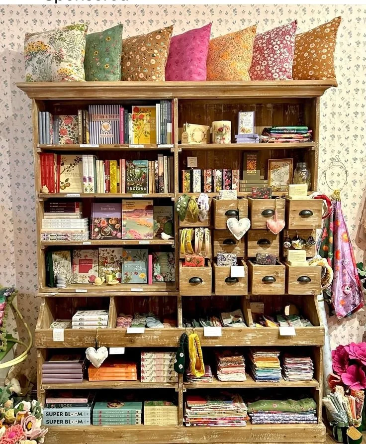 A display shelf filled with books, craft supplies, and decorative items, topped with colorful pillows, in a cozy store setting.