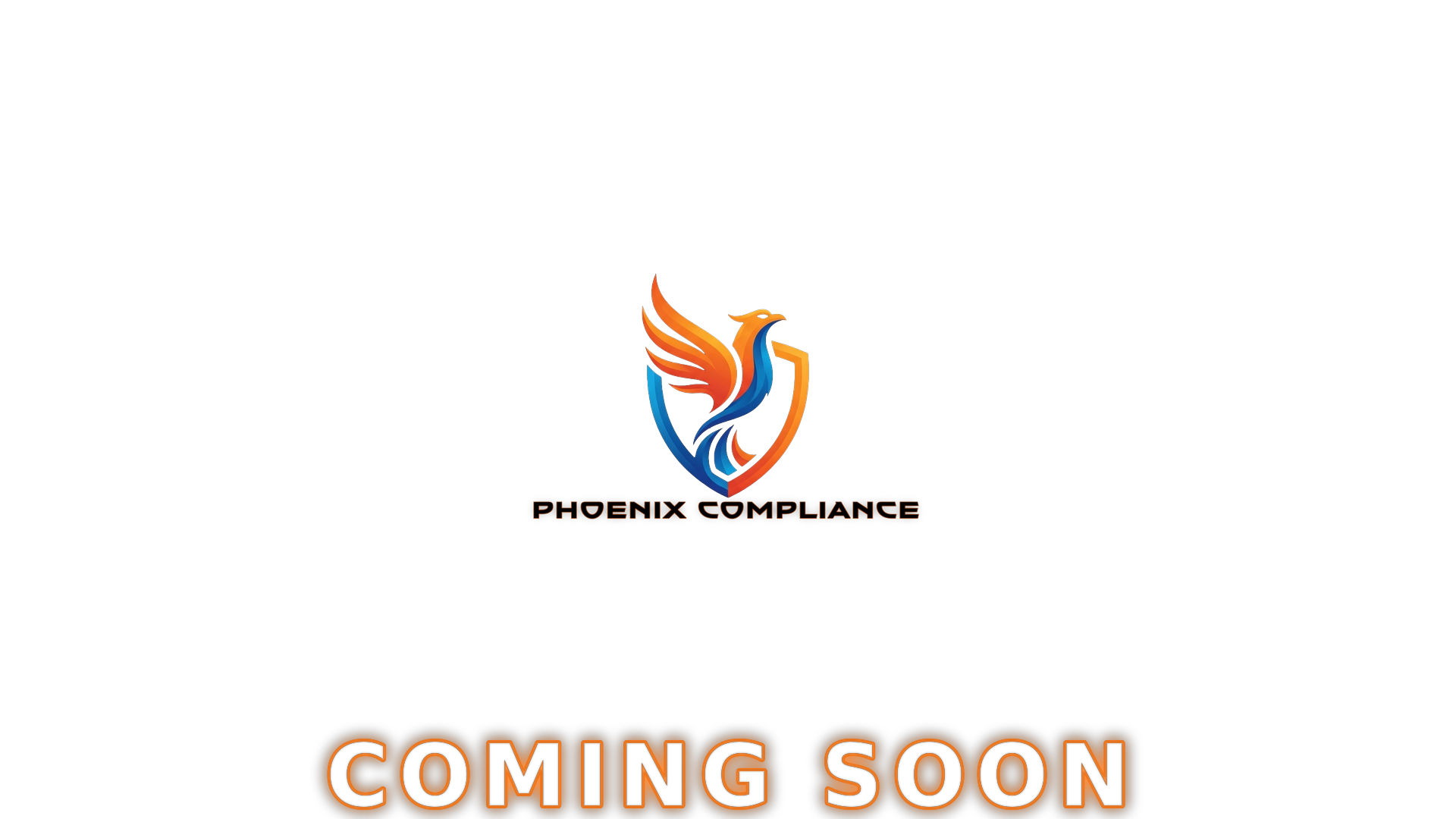 A dark background featuring a logo of a stylized phoenix with blue, orange, and red feathers, above the words 'PHOENIX COMPLIANCE' in orange and black text. Below, the words 'COMING SOON' are in large, glowing orange and blue text.