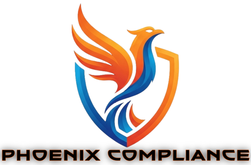 A stylized phoenix with orange and blue flames inside a shield outline, with the text 'Phoenix Compliance' below.