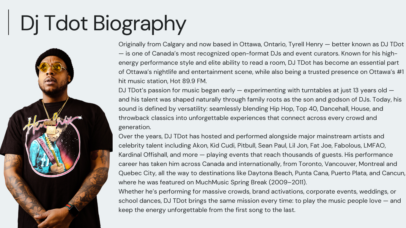 A biography poster of DJ Tdot featuring a photo of him wearing yellow sunglasses, a black beanie, a black T-shirt with a colorful graphic, and gold jewelry, standing with arms crossed against a light grey background.