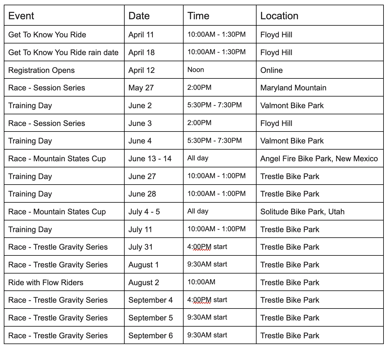A schedule table for cycling events and training days, listing event names, dates, times, and locations at various bike parks and online.