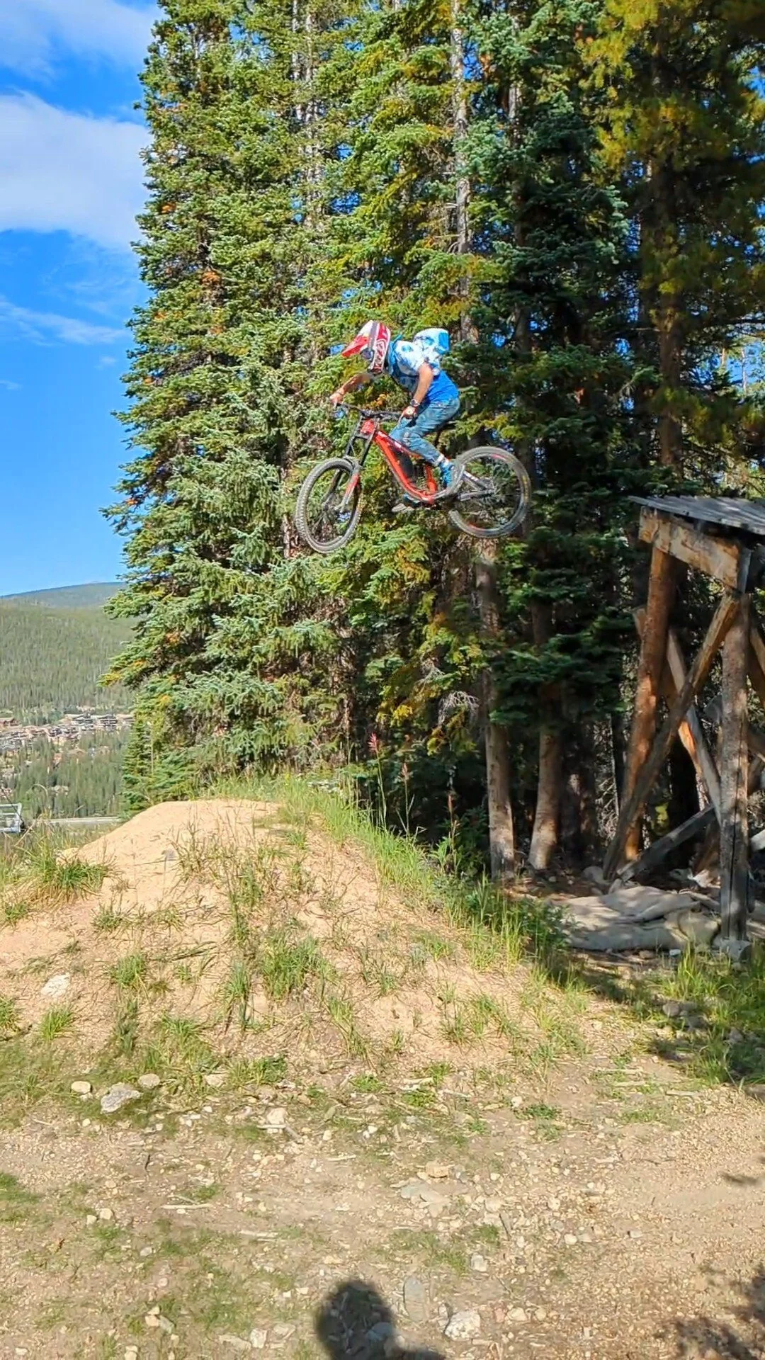 A person on a mountain bike mid-air on a dirt jump trail in a forested area with green trees and blue sky.