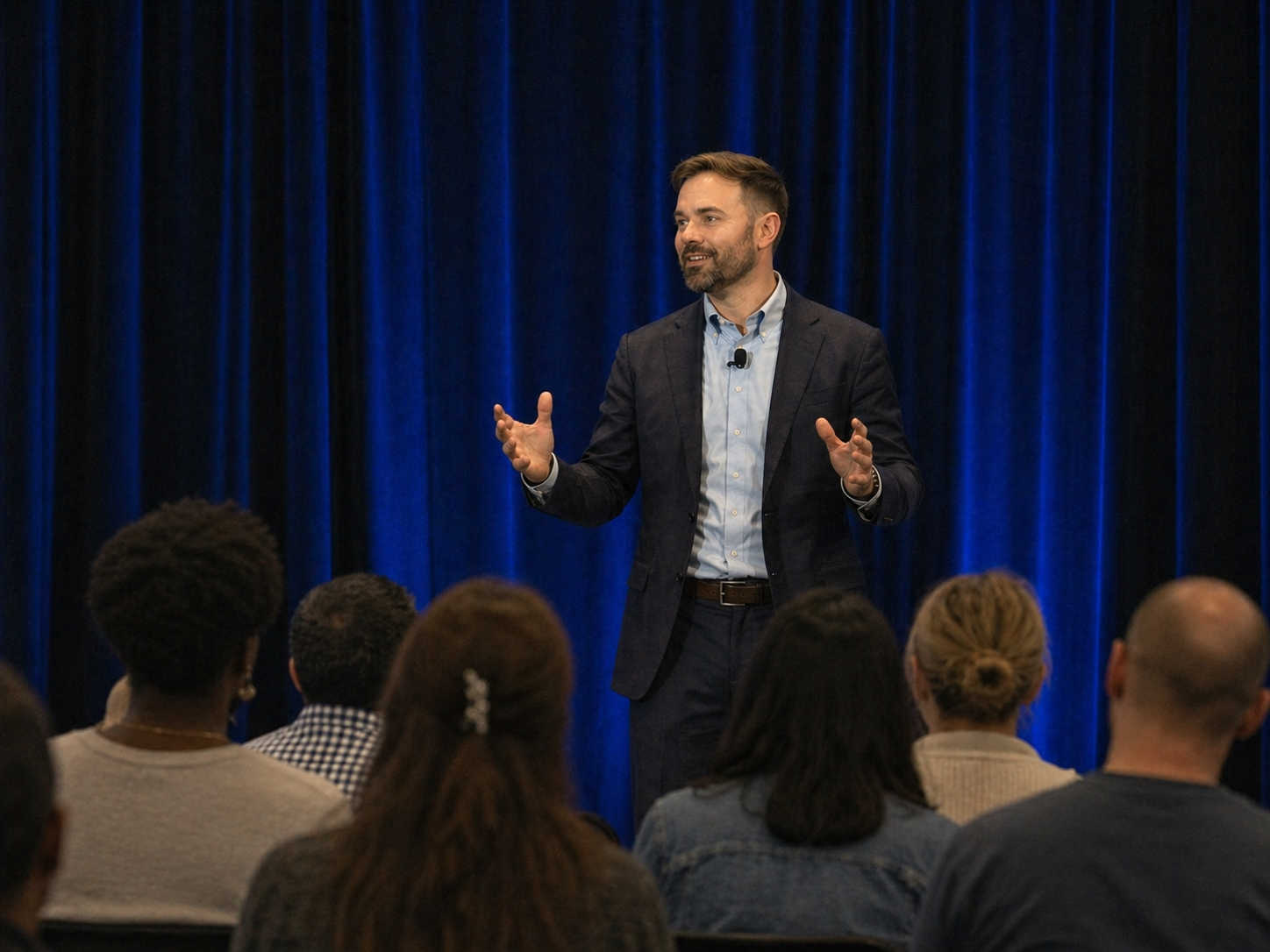 Matthew Muench speaking at a leadership event focused on workforce development and social impact.