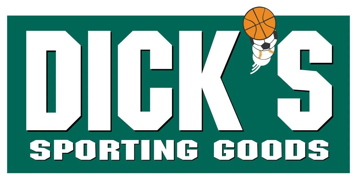 Sports-themed logo with the words "Dicks Sporting Goods" in bold white letters on a green background. An illustration of a basketball, soccer ball, and baseball in the top right corner.