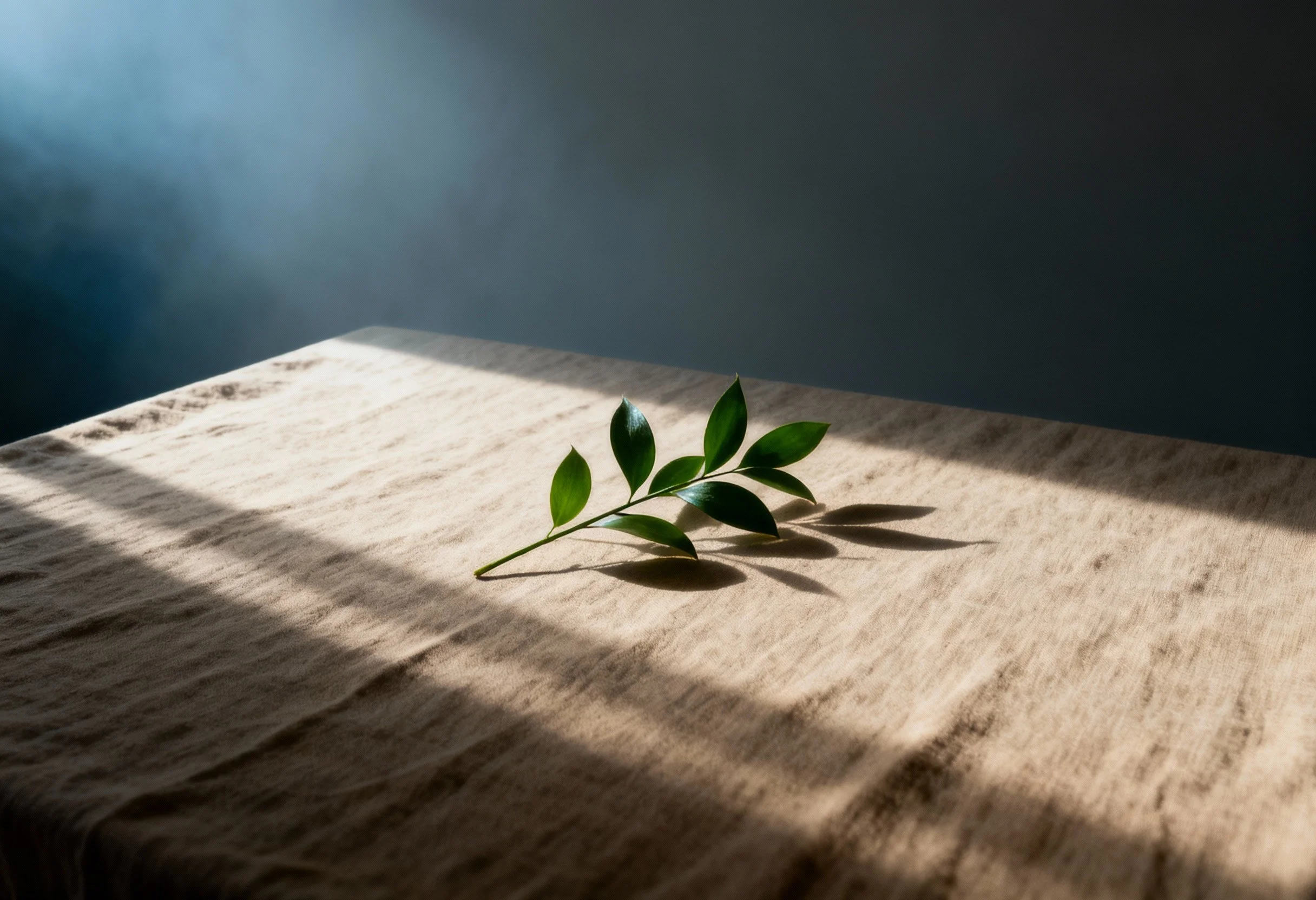 Green leafy branch on a textured beige fabric with soft lighting.
