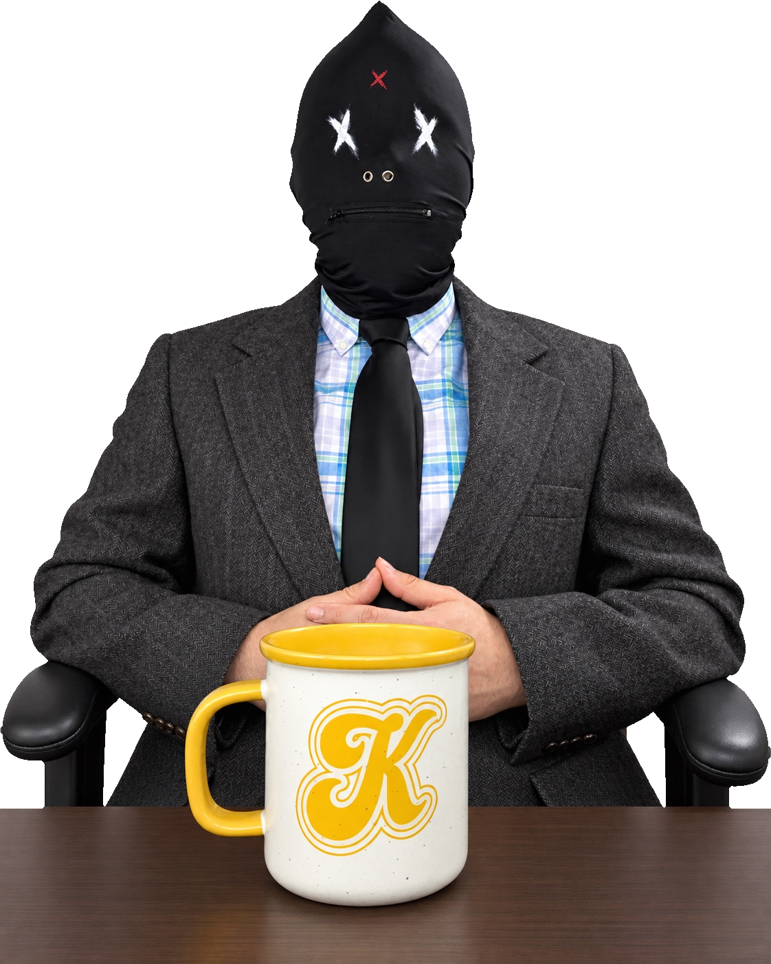Masked End of April Records character seated behind a mug